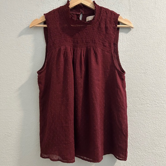 LOFT Tops - LOFT Womens Burgundy Clip Dot Smocked High Neck Sleeveless Blouse Medium Keyhole